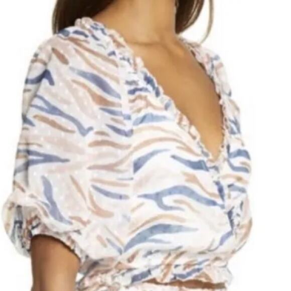 Saylor Teryn Smocked Printed Boho Puff Sleeve V Neck Crop Top Size S - Picture 2 of 10
